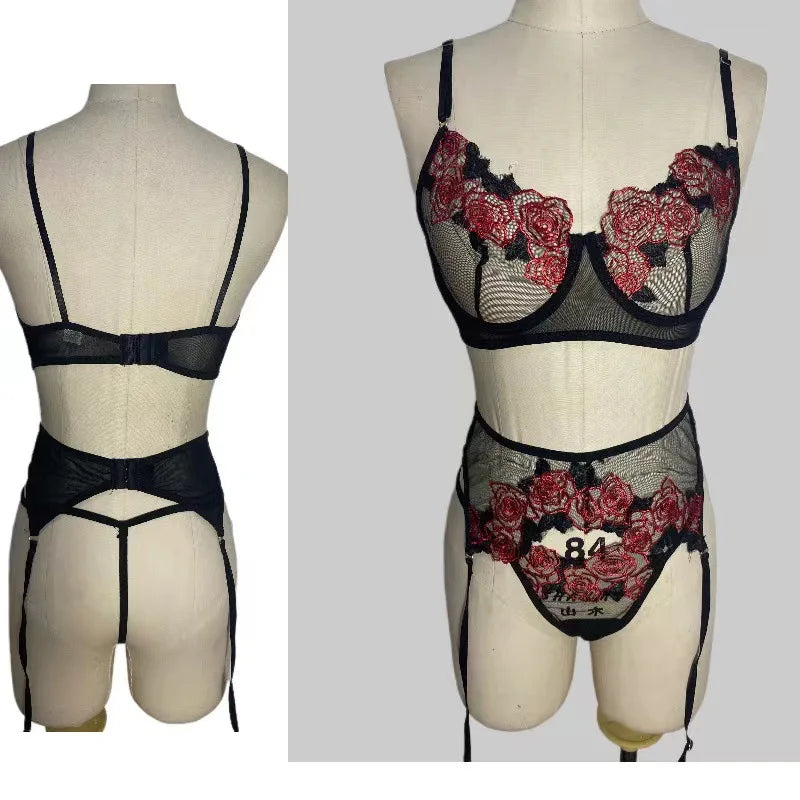 3-Piece Sexy Lace Embroidered Push-Up Bra Set