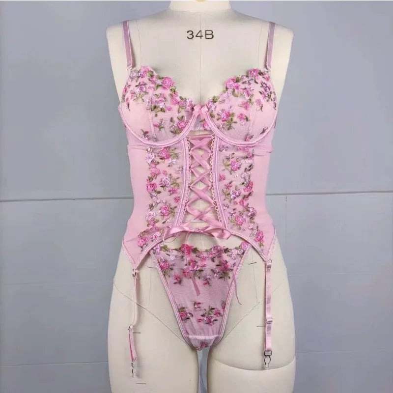 Lace-Up Hollow Out Floral Lingerie Set