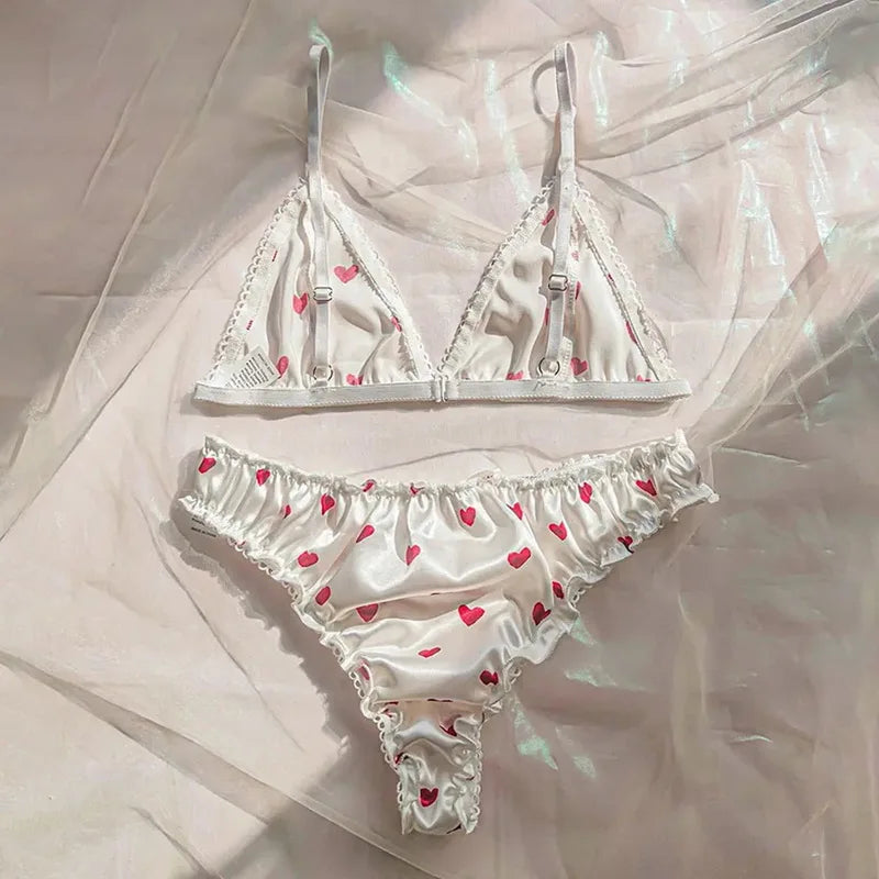 Galmora Satin Heart Print Wire-Free Bra & Panty Set
