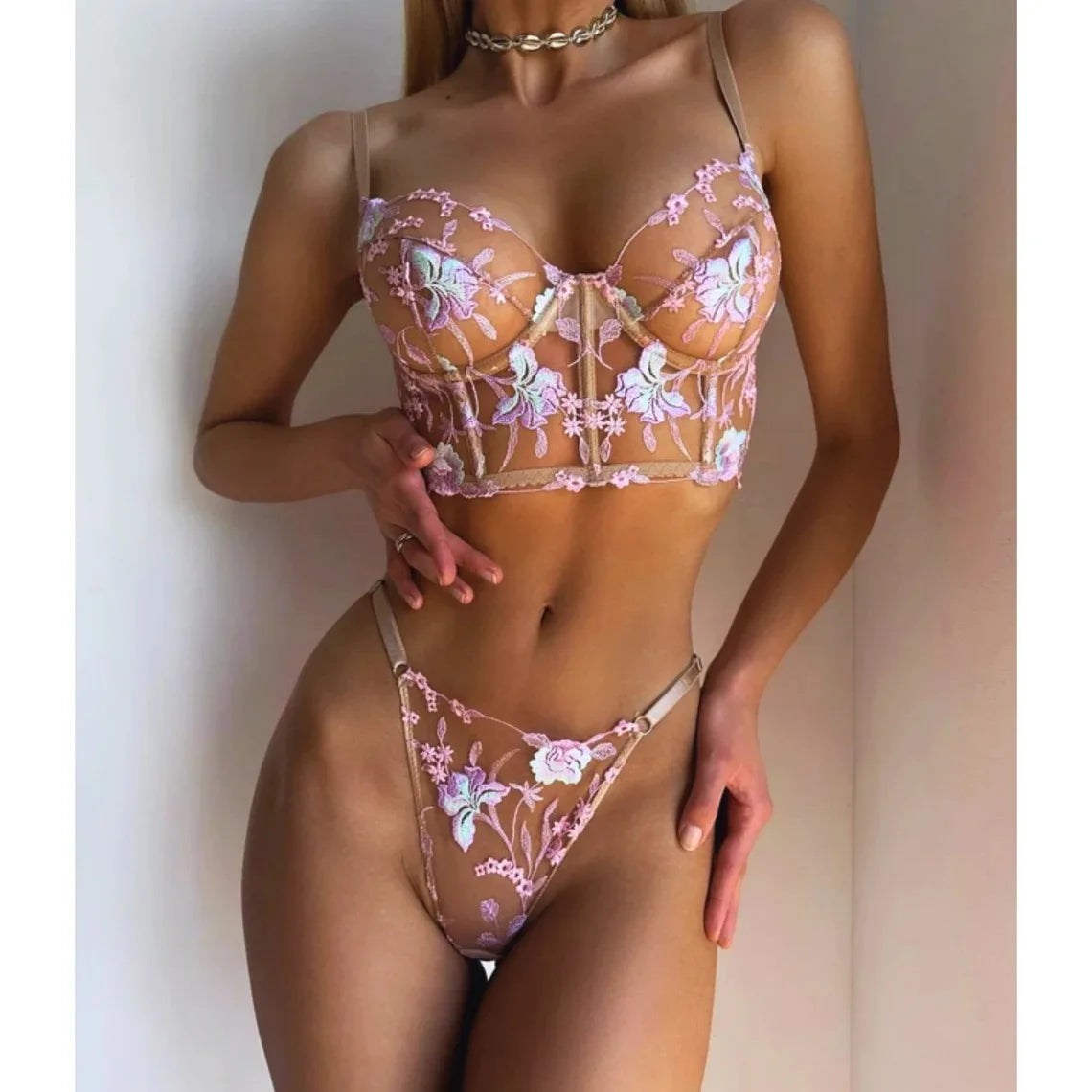 Floral Embroidered Mesh Lingerie Set