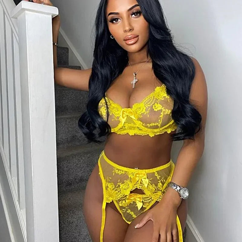 3-Piece Sexy Lace Embroidered Push-Up Bra Set