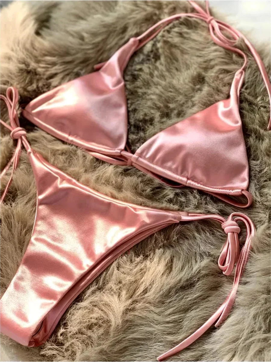 Metallic Satin Brazilian Bikini Set