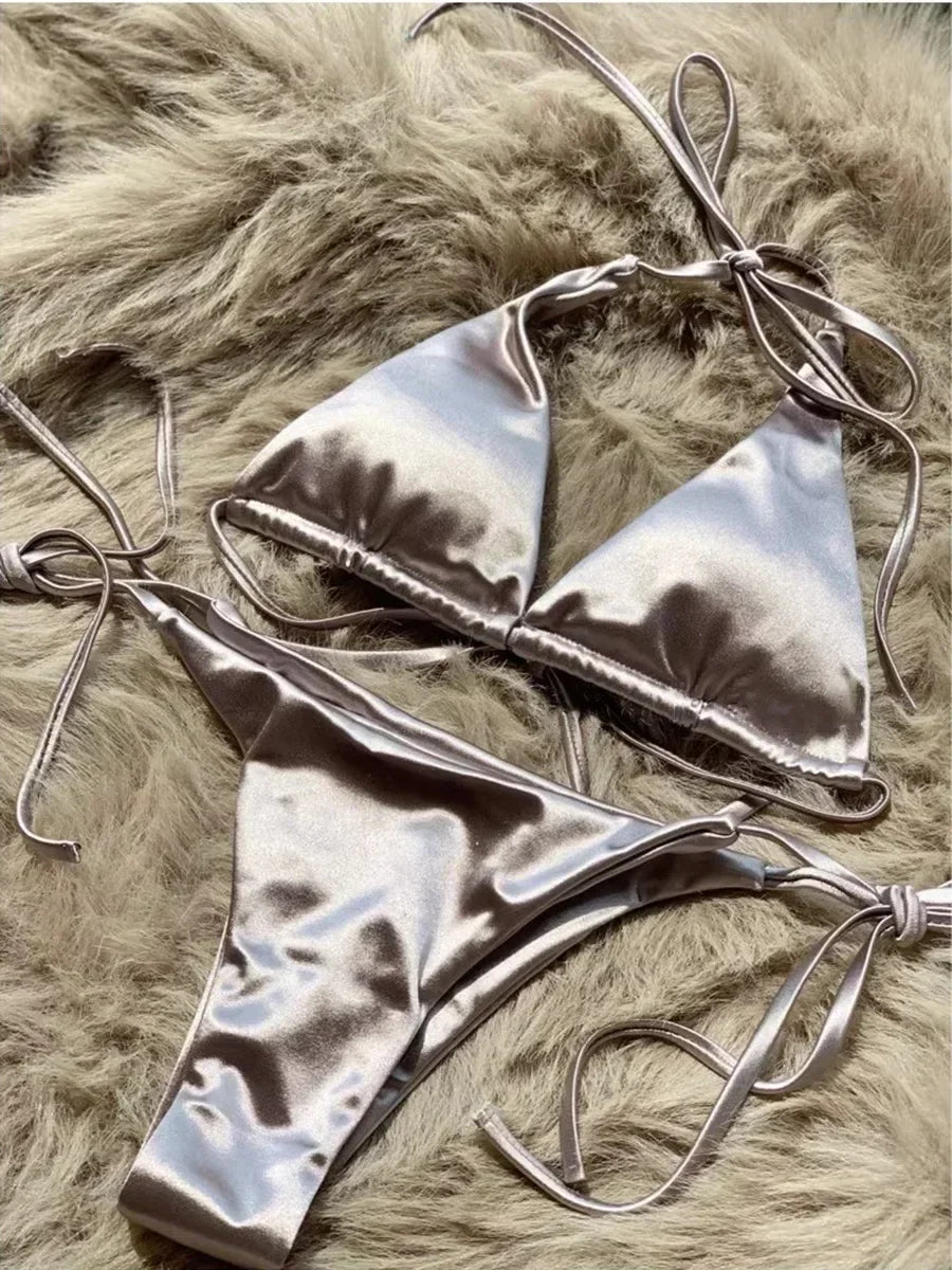 Metallic Satin Brazilian Bikini Set