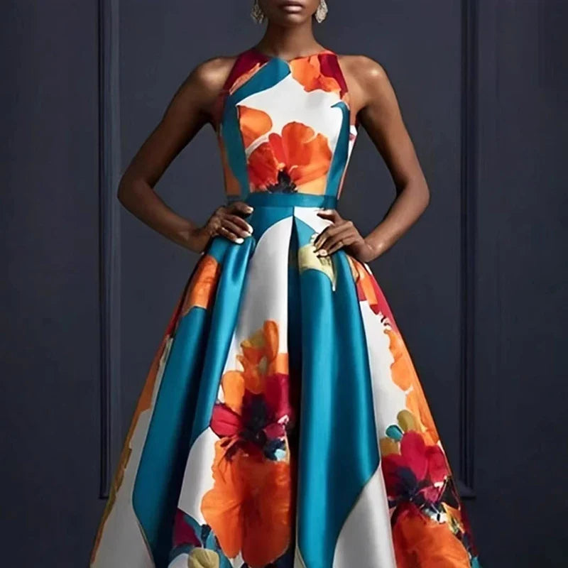 Floral Print Sleeveless Evening Gown
