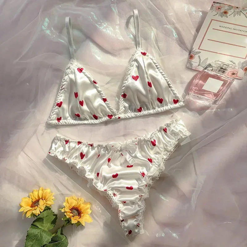 Galmora Satin Heart Print Wire-Free Bra & Panty Set