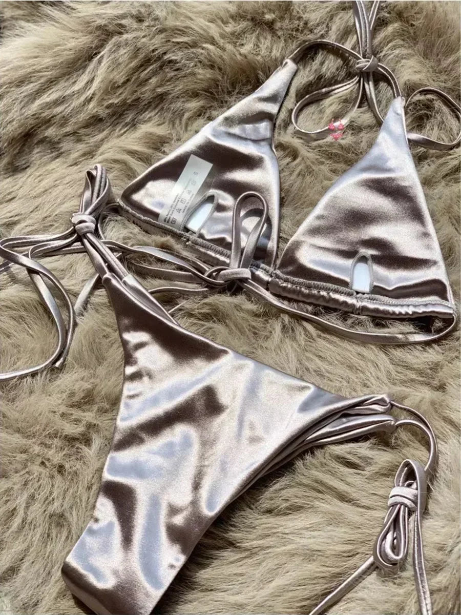 Metallic Satin Brazilian Bikini Set