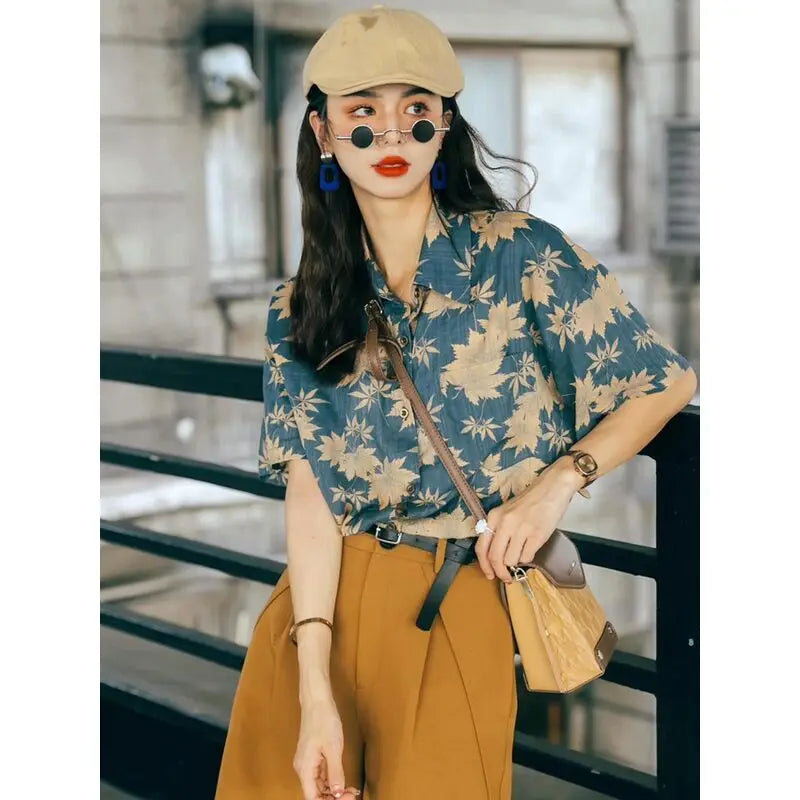 Loose Fit Printed Button-Up Top