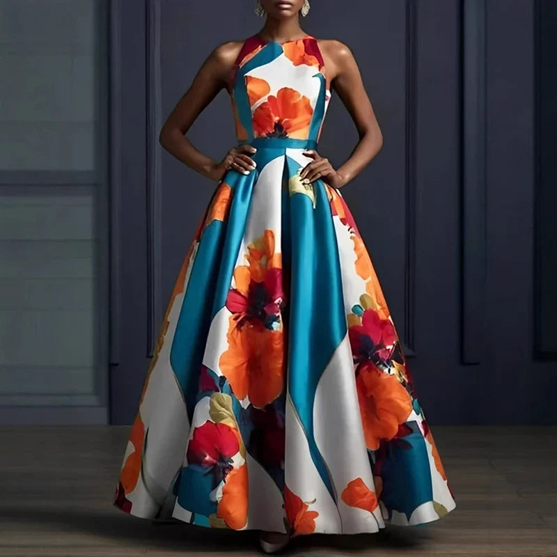 Floral Print Sleeveless Evening Gown