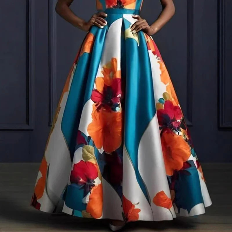 Floral Print Sleeveless Evening Gown