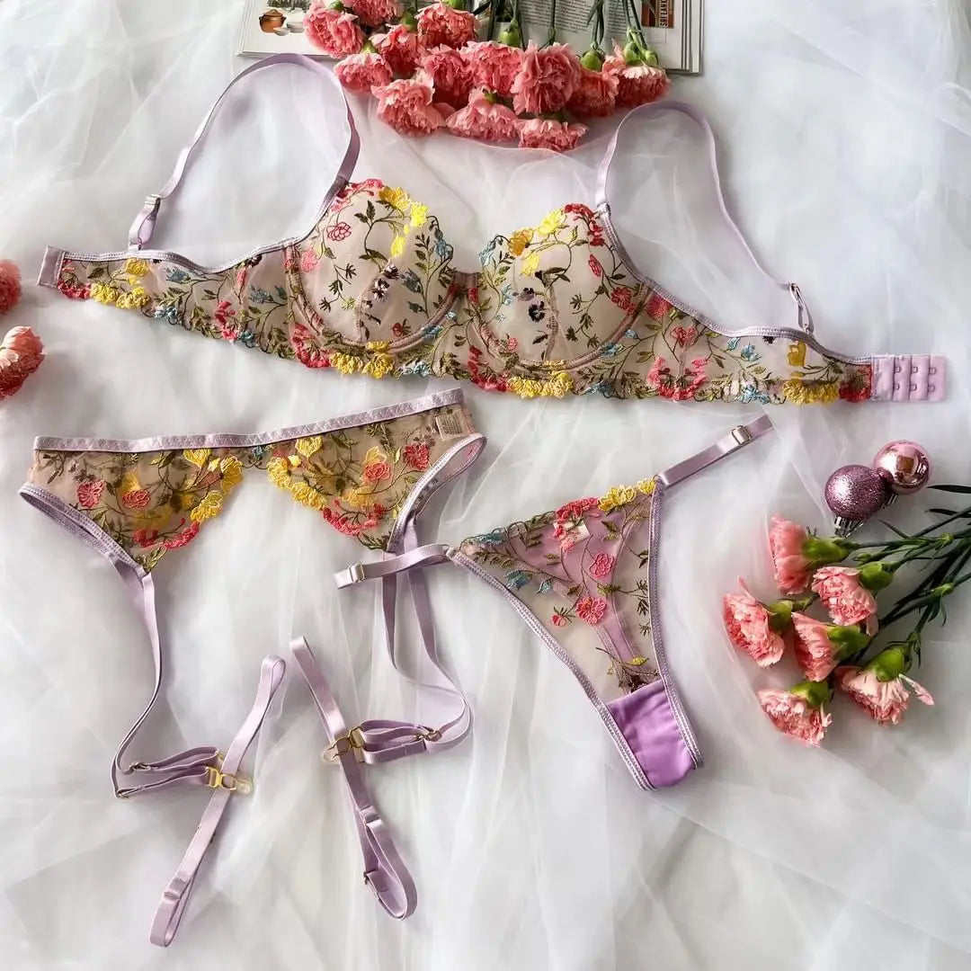 Mesh & Embroidery Lingerie with Garter