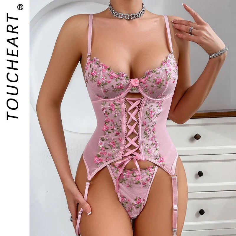 Lace-Up Hollow Out Floral Lingerie Set