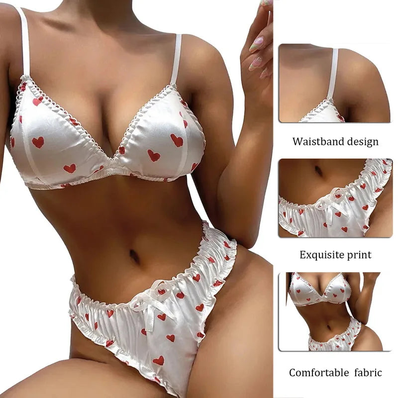 Galmora Satin Heart Print Wire-Free Bra & Panty Set