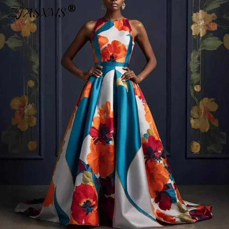 Floral Print Sleeveless Evening Gown