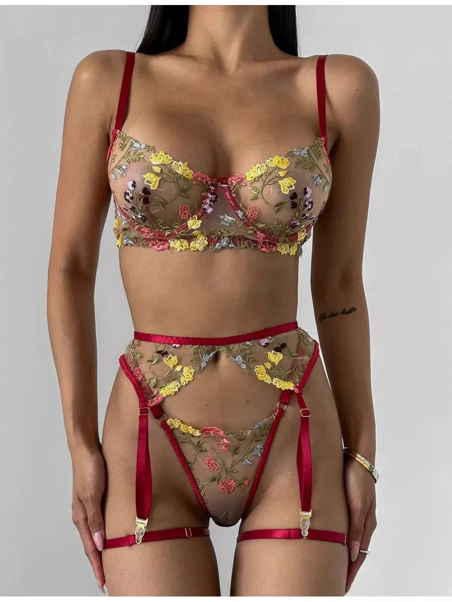 Mesh & Embroidery Lingerie with Garter
