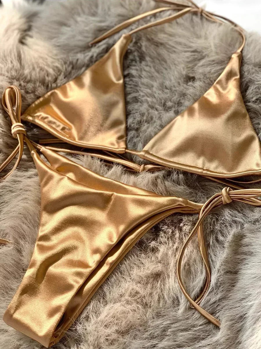Metallic Satin Brazilian Bikini Set