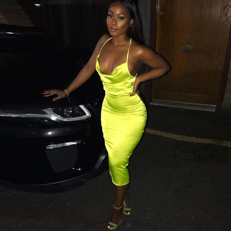 Neon Satin Lace Up Long Midi Dress