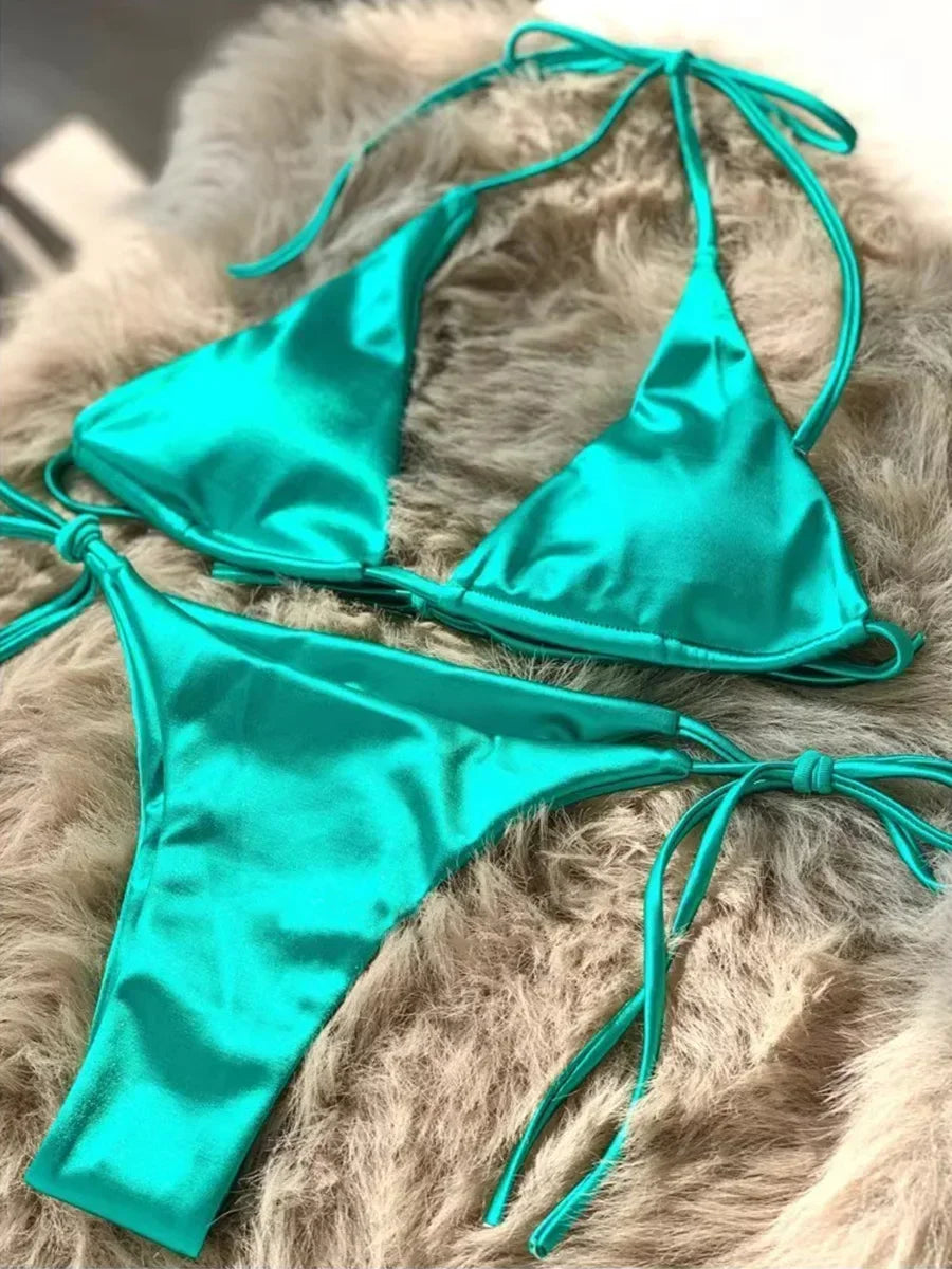 Metallic Satin Brazilian Bikini Set
